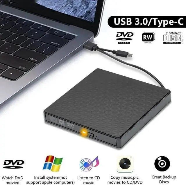 Main image of External CD DVD Drive, USB 3.0 & Type-C Slim Portable CD DVD+/-RW Drive External DVD Writer CD Burner Player, External Optical DVD Drive for Laptop, Desktop, Mac, PC, WIN 11/10/8/7/XP/Linux/Vista/OS