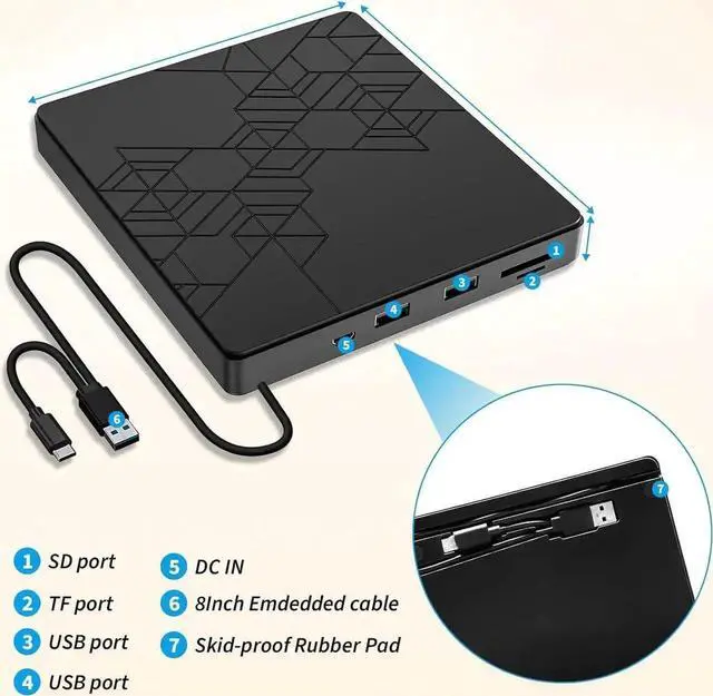 Alt view image 5 of 7 - [5 in 1] External DVD Drive, External DVD CD Drive USB 3.0 Type-C DVD/CD+/-RW Burner Drive with USB Port & SD TF Slot, External Optical DVD Drive for Windows XP/2003/Vista/7/8.1/10,Linux,Mac OS System