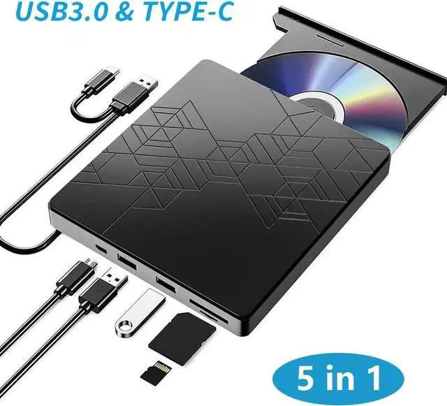Main image of [5 in 1] External DVD Drive, External DVD CD Drive USB 3.0 Type-C DVD/CD+/-RW Burner Drive with USB Port & SD TF Slot, External Optical DVD Drive for Windows XP/2003/Vista/7/8.1/10,Linux,Mac OS System