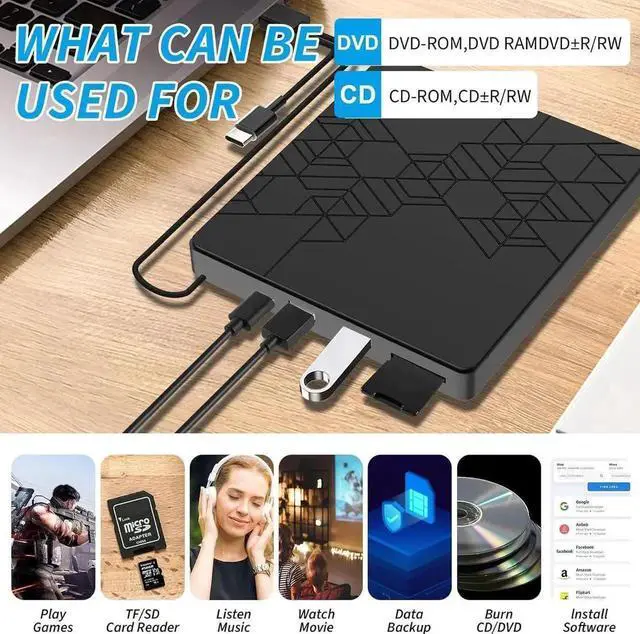 Alt view image 6 of 7 - [5 in 1] External DVD Drive, External DVD CD Drive USB 3.0 Type-C DVD/CD+/-RW Burner Drive with USB Port & SD TF Slot, External Optical DVD Drive for Windows XP/2003/Vista/7/8.1/10,Linux,Mac OS System