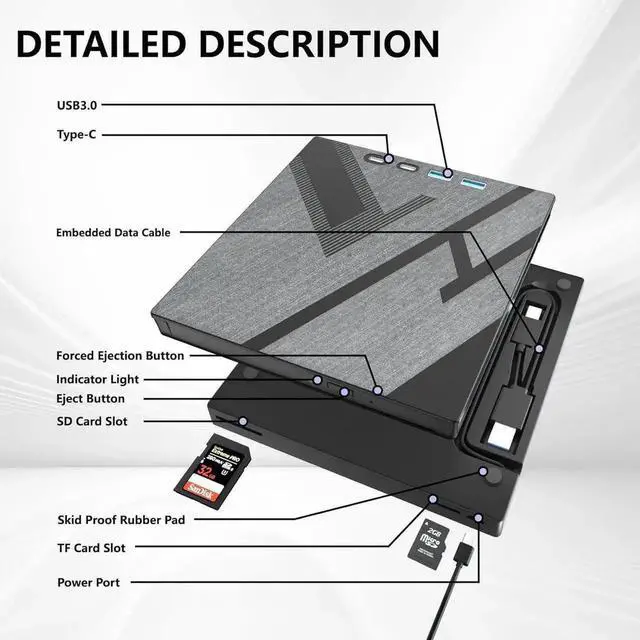 Alt view image 6 of 7 - [7 in 1] External DVD Drive, External CD/DVD Drive for Laptop with USB A & USB C Ports and SD/TF Port, CD DVD Burner DVD Player USB 3.0/Type C, CD ROM External Drive for PC Laptop Windows Linux
