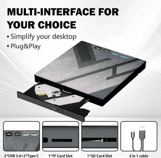 Alt view image 3 of 7 - [7 in 1] External DVD Drive, External CD/DVD Drive for Laptop with USB A & USB C Ports and SD/TF Port, CD DVD Burner DVD Player USB 3.0/Type C, CD ROM External Drive for PC Laptop Windows Linux
