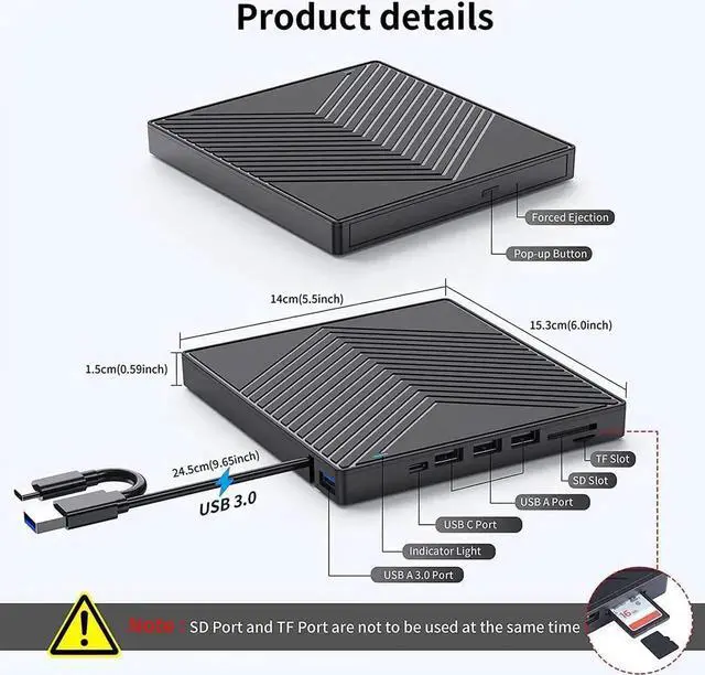 Alt view image 5 of 6 - JAENFONG External DVD CD Drive, USB 3.0 and Type-C External CD/DVD Drive DVD Burner with SD/TF Card Burner and 4 USB, [7 in 1] External DVD Drive for Windows/Linux/MacOS/Laptop/Desktops/PC