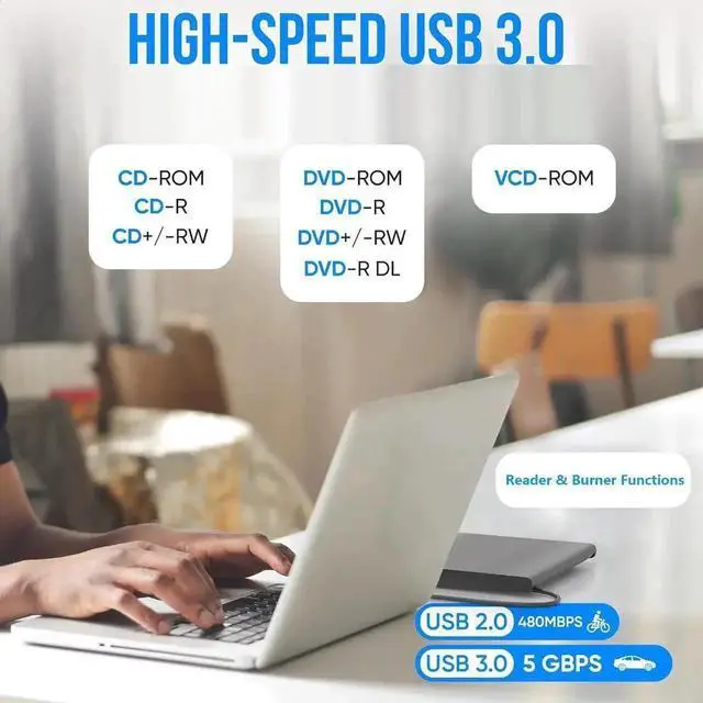 Alt view image 4 of 7 - External CD DVD Drive, Type-C & USB 3.0 Portable Optical CD/DVD Drive, CD DVD Player RW Writer External CD DVD Burner Reader for Laptop, Desktop, PC, MacOS, Windows 11/10 / 8/7 / XP/Linux/Vista