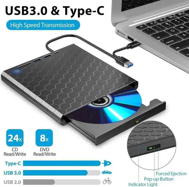 Alt view image 6 of 7 - 6-in-1 External CD/DVD Drive for Laptop, DVD Player for Laptop, CD Reader with 2 USB A, 1 USB C & SD/TF Card Reader, External CD/DVD Optical Drive Compatible with Windows 11/10/8/7/Linux, MacOS