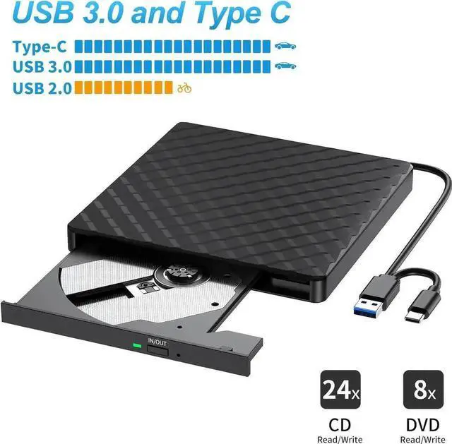 Alt view image 7 of 7 - Portable External CD/DVD Drive for Laptop, Type C & USB 3.0 CD DVD +/-RW Drive Burner DVD Player, External CD ROM Reader Writer Optical Drive Compatible with Laptop PC Mac Windows 11/10/8.1/7 Linux