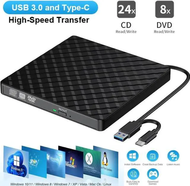 Main image of Portable External CD/DVD Drive for Laptop, Type C & USB 3.0 CD DVD +/-RW Drive Burner DVD Player, External CD ROM Reader Writer Optical Drive Compatible with Laptop PC Mac Windows 11/10/8.1/7 Linux