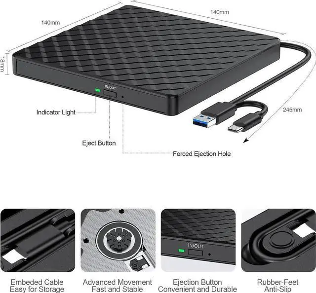 Alt view image 5 of 7 - Portable External CD/DVD Drive for Laptop, Type C & USB 3.0 CD DVD +/-RW Drive Burner DVD Player, External CD ROM Reader Writer Optical Drive Compatible with Laptop PC Mac Windows 11/10/8.1/7 Linux