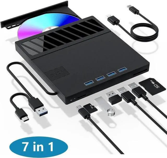 Alt view image 5 of 7 - External CD/DVD Drive for Laptop, 7 in 1 USB Ultra-Slim Portable CD/DVD Player Burner, with 4 USB Ports, SD/TF Card Reader CD ROM Compatible with External DVD Player for Windows 11/10/8/7 Linux MacOS