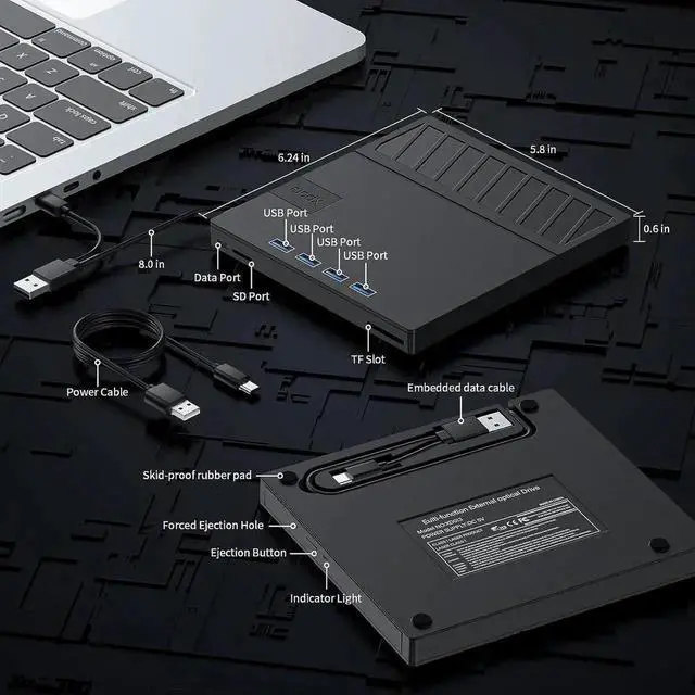 Alt view image 3 of 7 - External CD/DVD Drive for Laptop, 7 in 1 USB Ultra-Slim Portable CD/DVD Player Burner, with 4 USB Ports, SD/TF Card Reader CD ROM Compatible with External DVD Player for Windows 11/10/8/7 Linux MacOS