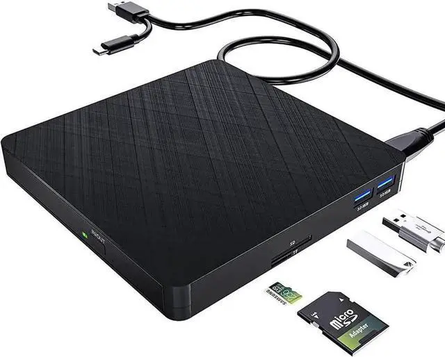 Main image of 5 in 1 External CD DVD Drive, USB 3.0 & Type-C Portable CD DVD Burner with SD/TF Card Reader and 2 USB Ports, External Optical CD/DVD Drives for PC Desktop/Laptop/Linux/Mac/Windows 11/10/8/7 (Black)