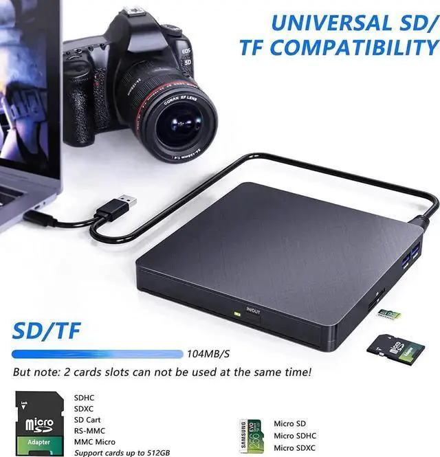 Alt view image 2 of 7 - 5 in 1 External CD DVD Drive, USB 3.0 & Type-C Portable CD DVD Burner with SD/TF Card Reader and 2 USB Ports, External Optical CD/DVD Drives for PC Desktop/Laptop/Linux/Mac/Windows 11/10/8/7 (Black)