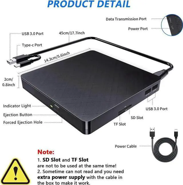 Alt view image 5 of 7 - 5 in 1 External CD DVD Drive, USB 3.0 & Type-C Portable CD DVD Burner with SD/TF Card Reader and 2 USB Ports, External Optical CD/DVD Drives for PC Desktop/Laptop/Linux/Mac/Windows 11/10/8/7 (Black)
