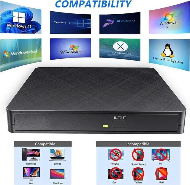 Alt view image 7 of 7 - 5 in 1 External CD DVD Drive, USB 3.0 & Type-C Portable CD DVD Burner with SD/TF Card Reader and 2 USB Ports, External Optical CD/DVD Drives for PC Desktop/Laptop/Linux/Mac/Windows 11/10/8/7 (Black)