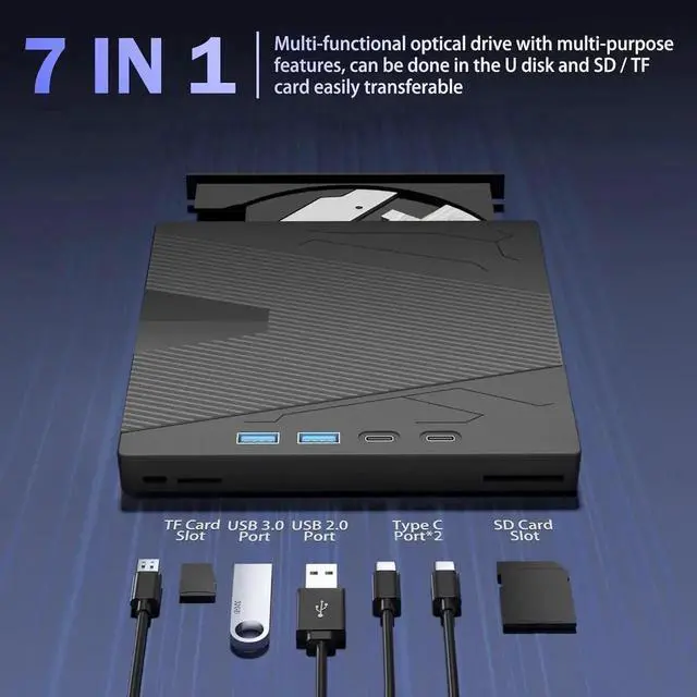 Alt view image 2 of 7 - JAENFONG External CD/DVD Drive for Laptop, 7-in-1 DVD Player for Laptop USB 3.0 & Type-C Portable CD DVD Burner External Disk Optical Drive Compatible with Laptop PC Windows XP/7/8/10, Linux MacOS