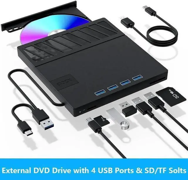 Main image of External CD/DVD Drive for Laptop, [7-in-1] USB 3.0 Portable CD/DVD Player Burner, High-Speed External Disk Drive with SD/TF Card Reader, 4 USB Ports, Compatible with Windows 11/10, Linux, MacOS