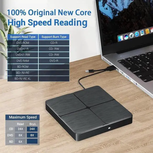 Alt view image 6 of 7 - External Bluray DVD Drive, USB 3.0 and Type-C Portable CD/DVD Drive 3D Blu-ray External DVD Drive Slim Optical External Blu-ray Player Compatible for Windows XP/7/8/10/11 MacOS Laptop,Desktop PC