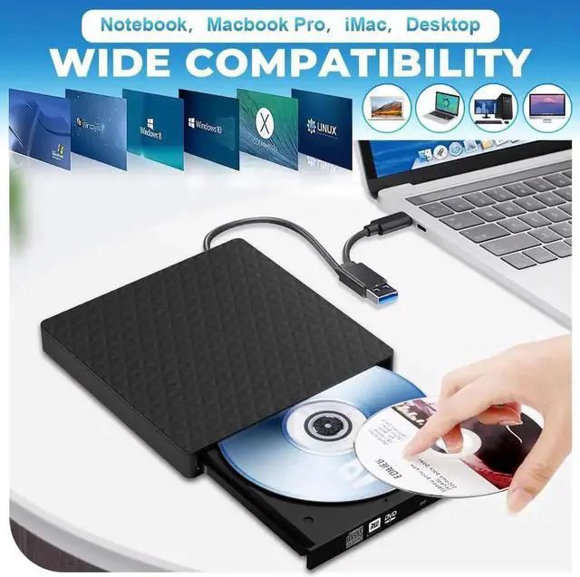 Alt view image 3 of 7 - JAENFONG External CD DVD Drive, Slim CD DVD Rw Reader Disk Drive Portable DVD Player, USB 3.0 and Type-C Optical DVD Drive ROM Burner Rewriter for Laptop PC Mac OS MacBook Windows 10/8/7/XP/Linux