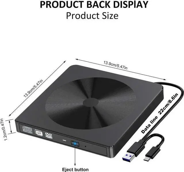 Alt view image 2 of 7 - External CD DVD Drive, USB 3.0 USB C Type-C Portable CD/DVD+/-RW Drive/DVD Disc Player for Laptop Slim CD ROM Burner Compatible with Mac Laptop Desktop PC Windows XP/2003/Vista/7/8/10 Linux OS (BLACK)