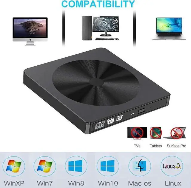 Alt view image 4 of 7 - External CD DVD Drive, USB 3.0 USB C Type-C Portable CD/DVD+/-RW Drive/DVD Disc Player for Laptop Slim CD ROM Burner Compatible with Mac Laptop Desktop PC Windows XP/2003/Vista/7/8/10 Linux OS (BLACK)