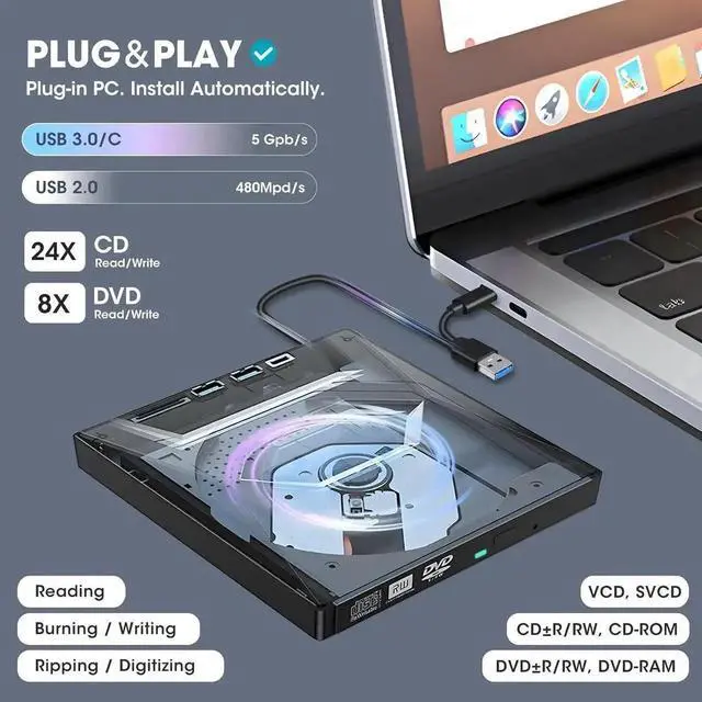 Alt view image 2 of 7 - JAENFONG External CD DVD Drive USB 3.0&USB-C CD ROM Burner DVD Player with USB Hub and SD Card Reader, Portable CD DVD +/-RW Optical Disk Drive Writer for Laptop PC Windows 11/10, Mac, Linux Computer