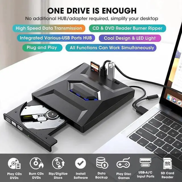 Alt view image 5 of 7 - JAENFONG External CD DVD Drive USB 3.0&USB-C CD ROM Burner DVD Player with USB Hub and SD Card Reader, Portable CD DVD +/-RW Optical Disk Drive Writer for Laptop PC Windows 11/10, Mac, Linux Computer
