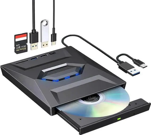 Main image of JAENFONG External CD DVD Drive USB 3.0&USB-C CD ROM Burner DVD Player with USB Hub and SD Card Reader, Portable CD DVD +/-RW Optical Disk Drive Writer for Laptop PC Windows 11/10, Mac, Linux Computer