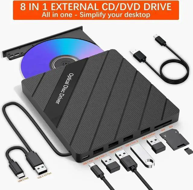 Alt view image 3 of 7 - JAENFONG 8 in 1 External CD/DVD Drive for Laptop, USB 3.0 Portable External CD Burner Reader Writer with 4 USB Ports/2 TF SD Slots/1 Type C Port, Disc Optical Drive for Laptop/PC/Mac/Windows/Linux OS
