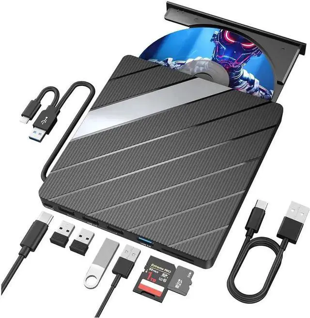 Main image of External CD DVD Drive for Laptop, [8 in 1] USB 3.0 & Type C Portable CD DVD Rewriter Burner with 4 USB A Ports & SD/TF Card Reader, Support Faster Transfer Speed CD 8X DVD 24x for Windows MacOS