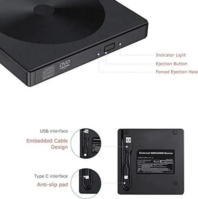 Alt view image 7 of 7 - JAENFONG External CD DVD Drive, Type C USB 3.0 Portable CD/DVD RW Writer Burner, Low Noise High Speed Transfer Drive, Compatible with Laptop, Desktop, Windows XP/2003/Vista/7/8/10, Linux, Mac OS