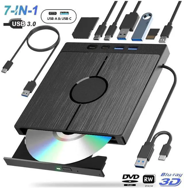 Main image of JAENFONG External Blu Ray Drive [7 in 1], Portable Blu-Ray/DVD Drive with USB 3.0/Type-C/SD/TF Card Ports, Support 100G Disc Blu Ray Drive External, Blu Ray Burner for Windows XP/7/8/10/11 Mac Laptop