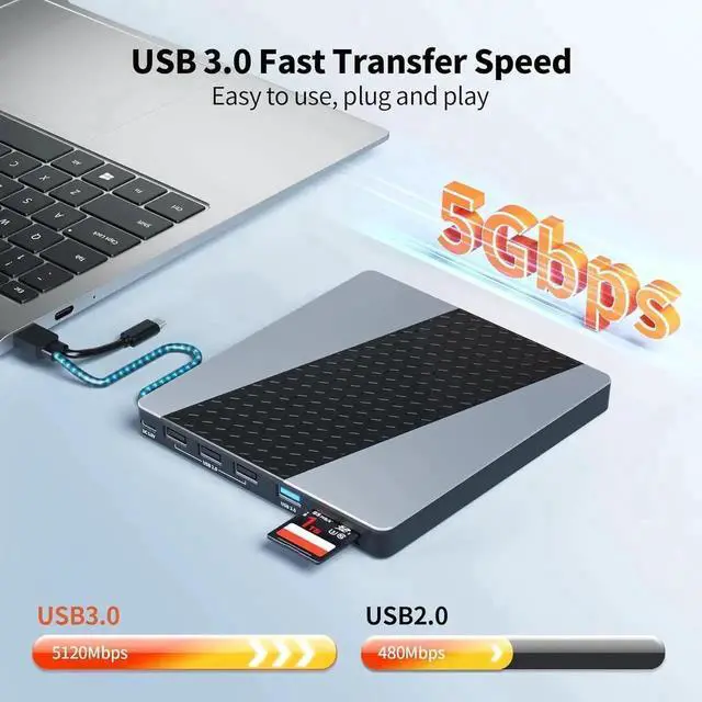 Alt view image 2 of 7 - JAENFONG External CD DVD Drive for Laptop, [7 in 1] Portable CD Player DVD Burner with 4 Ports USB A & SD/TF Card Reader, Support Faster Transfer Speed CD 8X DVD 24x for Windows 11/10/7 MacOS and More