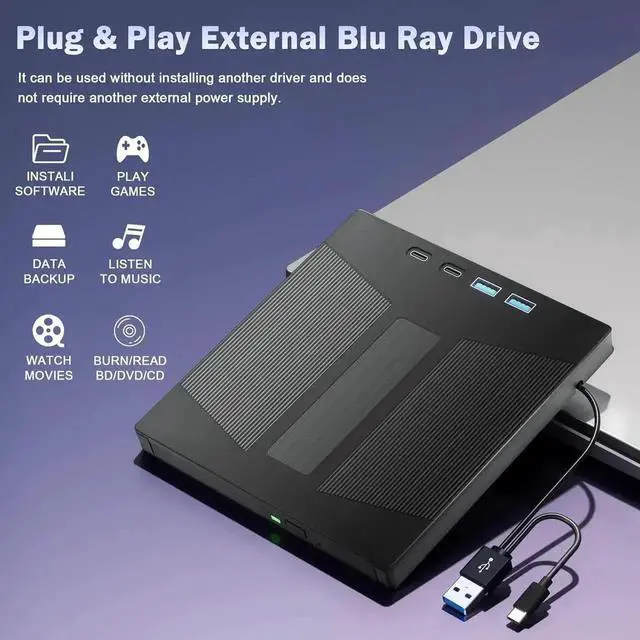 Alt view image 3 of 7 - JAENFONGExternal Blu Ray Drive, 7 IN 1 Portable Blu Ray Burner USB 3.0 Type-C Blu Ray Drive Support 100G Disc Read&Write External Bluray CD/DVD Drive Compatible with Windows MacOS Linux Laptop Desktop