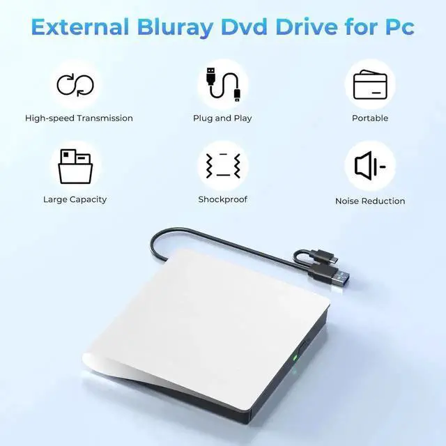 Alt view image 7 of 7 - External Blu Ray Drive, Support 50G Disc Read/Write Bluray Drive, Portable 3D Blu Ray Burner with USB 3.0 & Type-C, External CD DVD Drive for Windows XP/7/8/10/11 MacOS for Laptop, Desktop, Mac