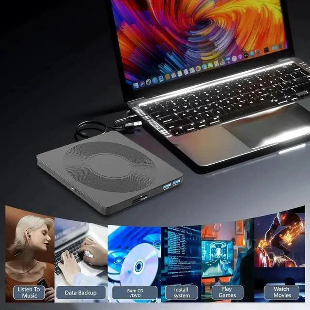 Alt view image 2 of 7 - JAENFONG[5-in-1] External CD DVD Drive with 2 USB Ports and 1 TF 1 SD Card Slots, USB 3.0 Portable CD/DVD Disk Drive Player Burner Reader Writer for Laptop Desktop PC Windows 11/10/8/7/XP Linux Mac OS