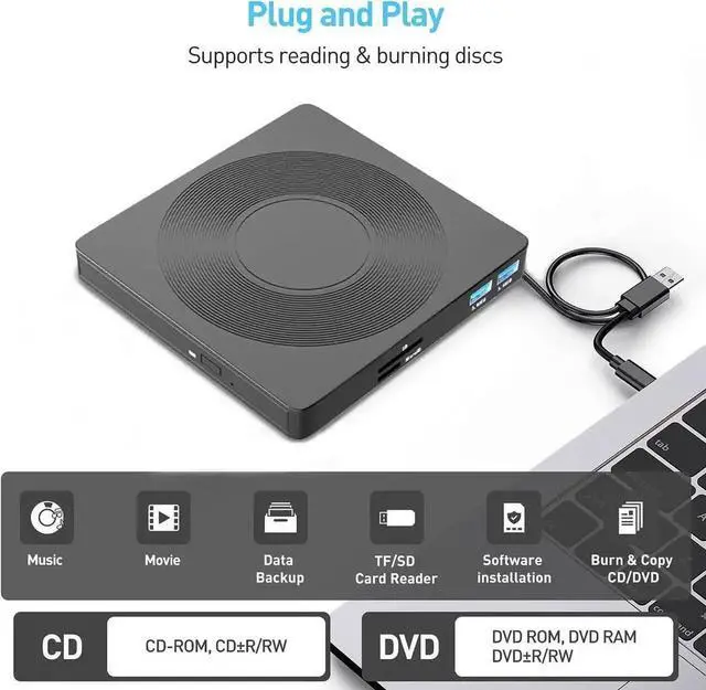 Alt view image 3 of 7 - JAENFONG[5-in-1] External CD DVD Drive with 2 USB Ports and 1 TF 1 SD Card Slots, USB 3.0 Portable CD/DVD Disk Drive Player Burner Reader Writer for Laptop Desktop PC Windows 11/10/8/7/XP Linux Mac OS