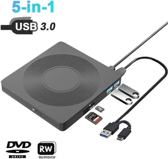 Main image of JAENFONG[5-in-1] External CD DVD Drive with 2 USB Ports and 1 TF 1 SD Card Slots, USB 3.0 Portable CD/DVD Disk Drive Player Burner Reader Writer for Laptop Desktop PC Windows 11/10/8/7/XP Linux Mac OS