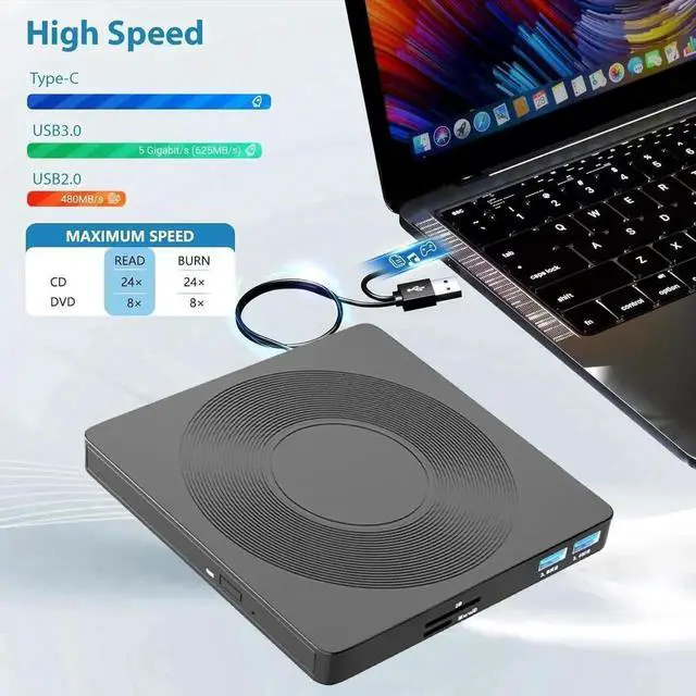 Alt view image 6 of 7 - JAENFONG[5-in-1] External CD DVD Drive with 2 USB Ports and 1 TF 1 SD Card Slots, USB 3.0 Portable CD/DVD Disk Drive Player Burner Reader Writer for Laptop Desktop PC Windows 11/10/8/7/XP Linux Mac OS