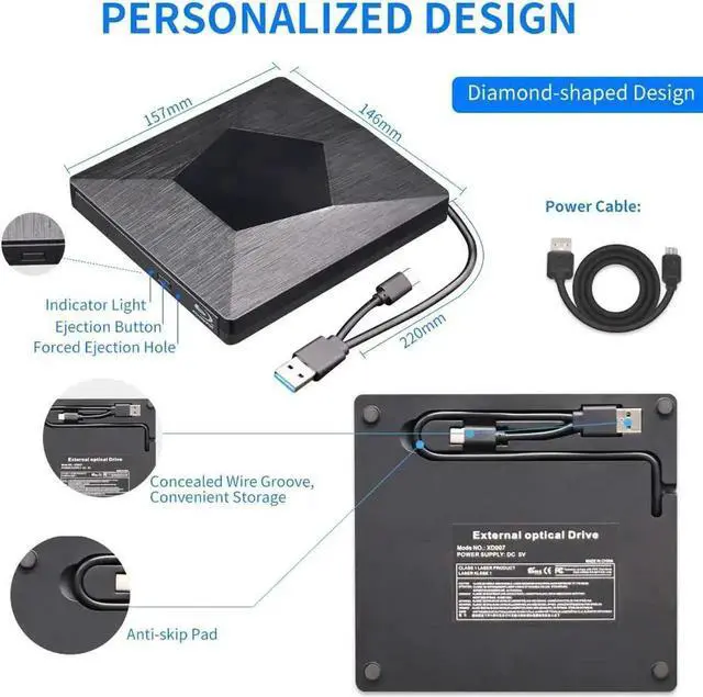 Alt view image 2 of 7 - JAENFONG External 3D Blu Ray DVD Drive Burner, Wihool Ultra Slim USB 3.0 and Type-C Blu Ray BD CD DVD Burner Player Writer Reader Disk for Mac OS, Windows xp/7/8/10, Laptop PC (Black)