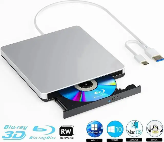 Main image of External Blu-ray Drive, BD Player with Read/Write Capability Portable Blu-ray CD/DVD Drive Burner with USB 3.0 and Type-C DVD Burner 3D Blu-ray Drives Compatible with Windows and Mac OS PC Laptops