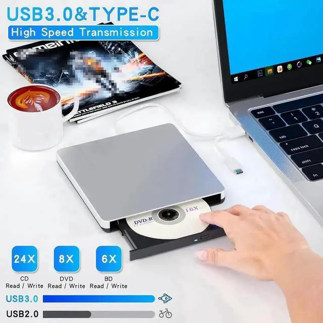Alt view image 2 of 7 - External Blu-ray Drive, BD Player with Read/Write Capability Portable Blu-ray CD/DVD Drive Burner with USB 3.0 and Type-C DVD Burner 3D Blu-ray Drives Compatible with Windows and Mac OS PC Laptops