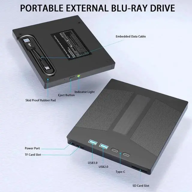 Alt view image 2 of 7 - JAENFONG 7 in 1 External Blu-ray Drive, USB 3.0 Type-C BD DVD CD Player Portable CD DVD Burner with SD/TF Card Slot,Support 100G Disc R/W for PC Compatible with Windows XP/7/8/10/11 Mac Laptop Desktop