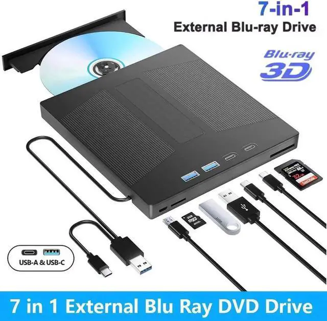 Main image of JAENFONG 7 in 1 External Blu-ray Drive, USB 3.0 Type-C BD DVD CD Player Portable CD DVD Burner with SD/TF Card Slot,Support 100G Disc R/W for PC Compatible with Windows XP/7/8/10/11 Mac Laptop Desktop