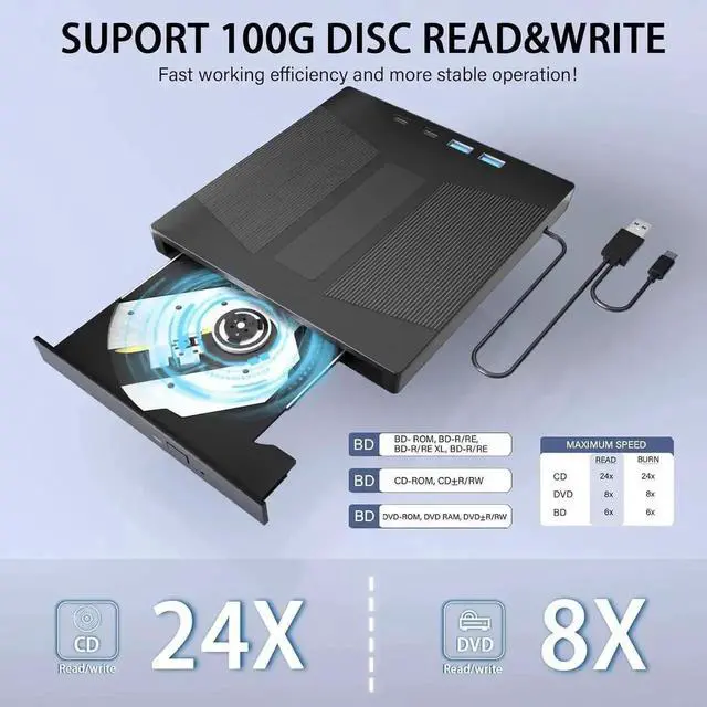 Alt view image 7 of 7 - JAENFONG 7 in 1 External Blu-ray Drive, USB 3.0 Type-C BD DVD CD Player Portable CD DVD Burner with SD/TF Card Slot,Support 100G Disc R/W for PC Compatible with Windows XP/7/8/10/11 Mac Laptop Desktop