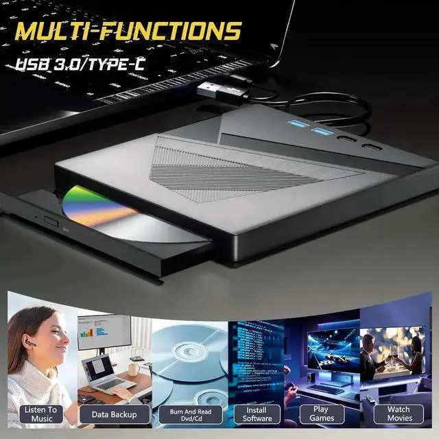 Alt view image 4 of 6 - JAENFONG 7-in-1 External CD/DVD Drive for Laptop, USB 3.0 and Type-C DVD Player Portable +/-RW Burner,Reader Rewriter Writer Disk Duplicator Compatible with Latptop PC Windows XP/7/8/10, Linux MacOS