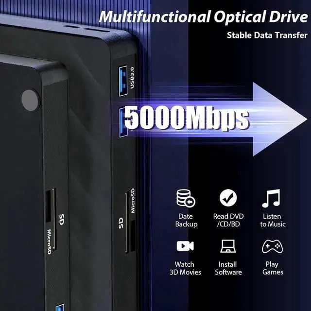 Alt view image 5 of 7 - 5 in 1 External Blu Ray Drive, Portable Blu Ray Player with USB 3.0 Type-C, CD DVD Burner 3D Blu-Ray with SD/TF Ports, Blu Ray Drive Compatible with Windows Laptop Desktop, Bluray Player for PC
