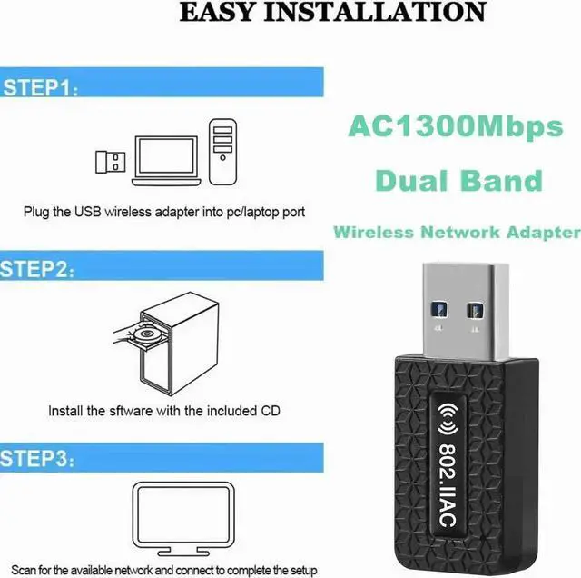 Alt view image 4 of 7 - USB3.0 WiFi Adapter for PC, AC1300Mbps Wireless Network Adapter, 802.11ac with Dual Band 2.4Ghz/400Mbps 5.8Ghz/867Mbps, USB WiFi Dongle for Desktop PC/Laptop, Supports Windows/Mac OS/Linux (Black)
