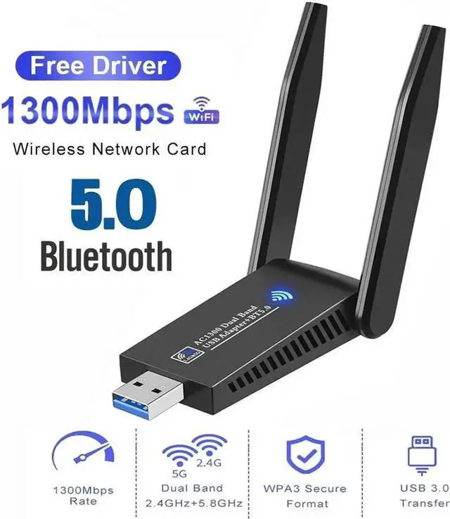 Alt view image 7 of 7 - JAENFONG 1300M Dual Band WiFi Wireless Network Card 2.4GHz 5.8GHz BT 5.0 Adapter Dongle AC1300 USB 3.0 802.11ac Adapter Bluetooth 5.0 with Antenna for Laptop PC