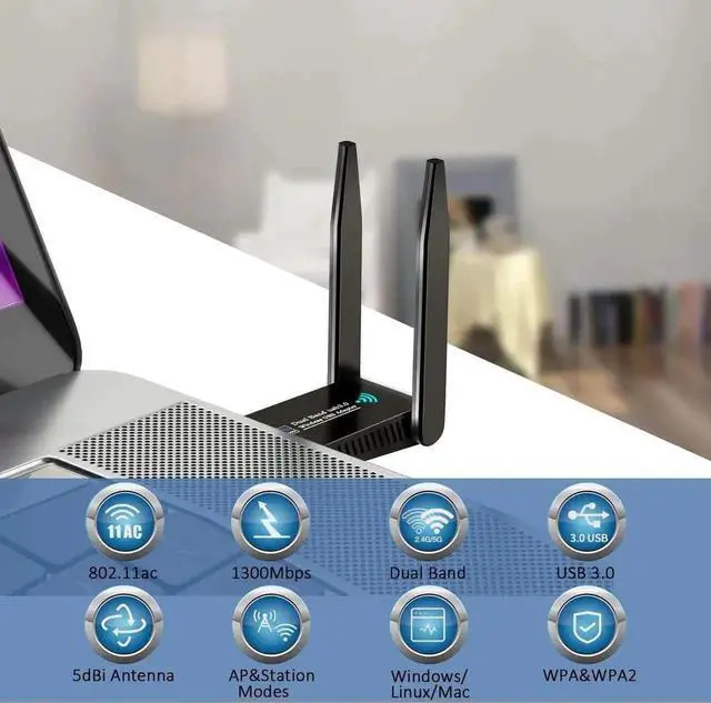 Alt view image 3 of 7 - JAENFONGUSB WiFi Adapter 1300Mbps, Dual 5dBi High Gain Antenna Wireless Adapter for PC Desktop Laptop 2.4Ghz/5Ghz WiFi dongle Features 802.11ac Compatible with Windows 10/7/8/8.1/XP/Vista Mac OS Linux