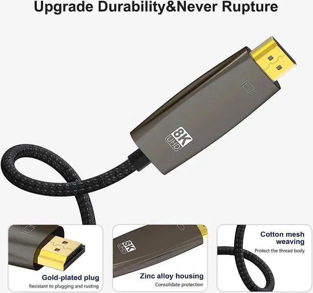 Alt view image 2 of 7 - JAENFONG 8K DisplayPort to HDMI Cable 10ft,Uni-Directional DP 1.4 to HDMI 2.1 Cable (32.4Gbps, 8K@30Hz, 4K@120Hz), Compatible for Lenovo ASUS Dell HP Insignia Samsung